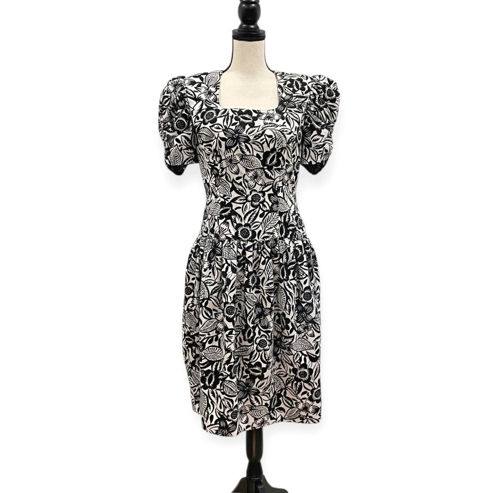 Vintage 80s Monochrome Floral Puff Sleeve Drop Waist Dress Size 6-8 Tailored Mod